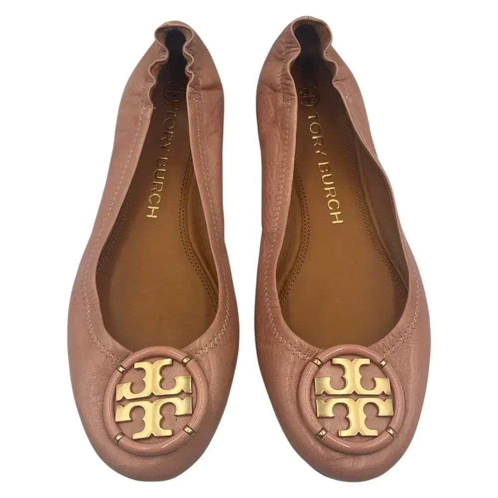Tory Burch Ballet Flats Shoes Multi Logo Leather Elastic Collar Pink Size 9